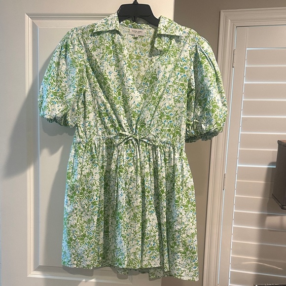 Olivia James Dresses & Skirts - Floral Puff-Sleeve Mini Dress in Green and White